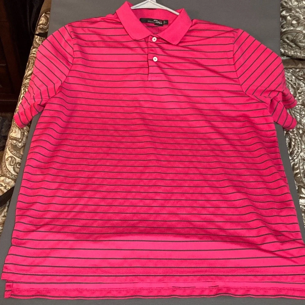 RLX Ralph Lauren Pink polo with small green stripes men’s large